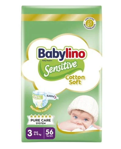Φωτογραφία προϊόντος: Babylino Sensitive Cotton Soft Πάνες με Αυτοκόλλητο No3 4-9 Kg 56 τμχ