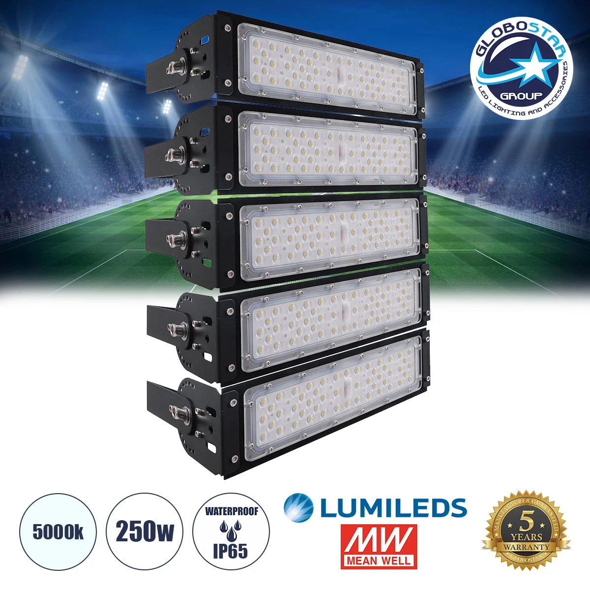Φωτογραφία προϊόντος: GloboStar® GOLIATH 90100-5 LED Προβολέας Γηπέδου - Φωτιστικό Tunnel 250W 40000LM 75°*135° AC 100-277V IP65 - Ψυχρό Λευκό 5000K - MeanWell Driver + LumiLEDs Chip - 5 Years Warranty