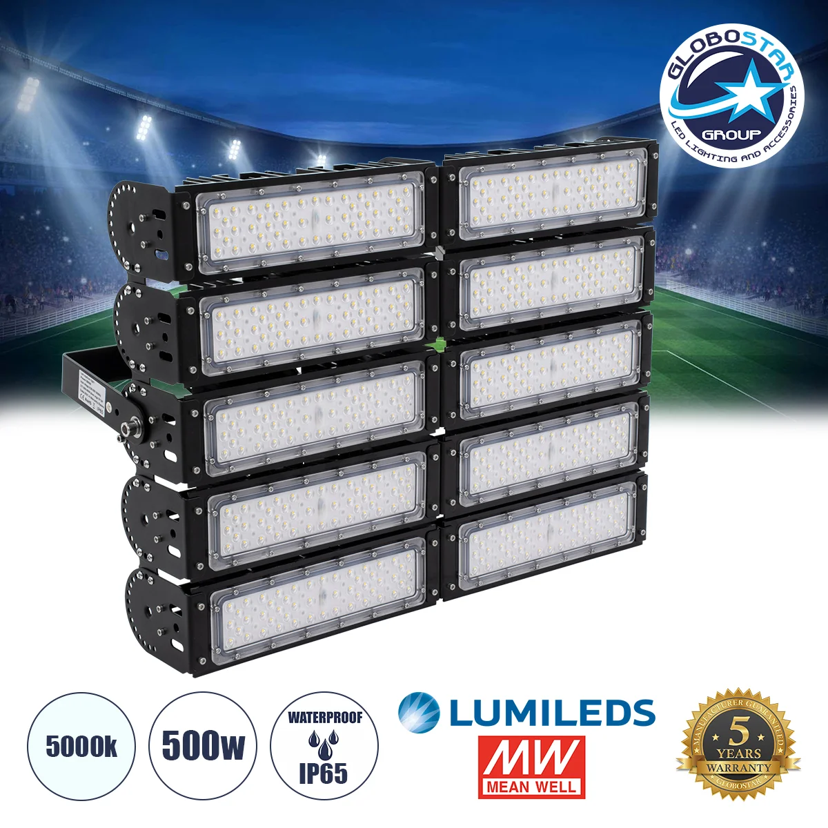 Φωτογραφία προϊόντος: GloboStar® GOLIATH 90104 LED Προβολέας Γηπέδου - Φωτιστικό Tunnel 500W 80000LM 75°*135° AC 100-277V IP65 - Ψυχρό Λευκό 5000K - MeanWell Driver + LumiLEDs Chip - 5 Years Warranty