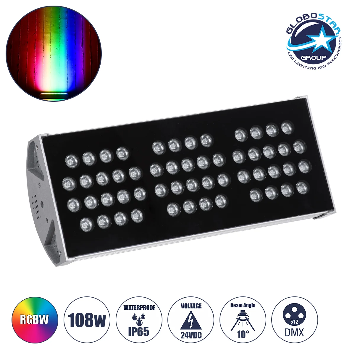 Φωτογραφία προϊόντος: GloboStar® FLOOD-TENA 90224 Προβολέας Wall Washer για Φωτισμό Κτιρίων LED 108W 9180lm 10° DC 24V Αδιάβροχο IP65 Μ43.5 x Π15.5 x Υ18cm RGBW DMX512 - Ασημί - 3 Years Warranty