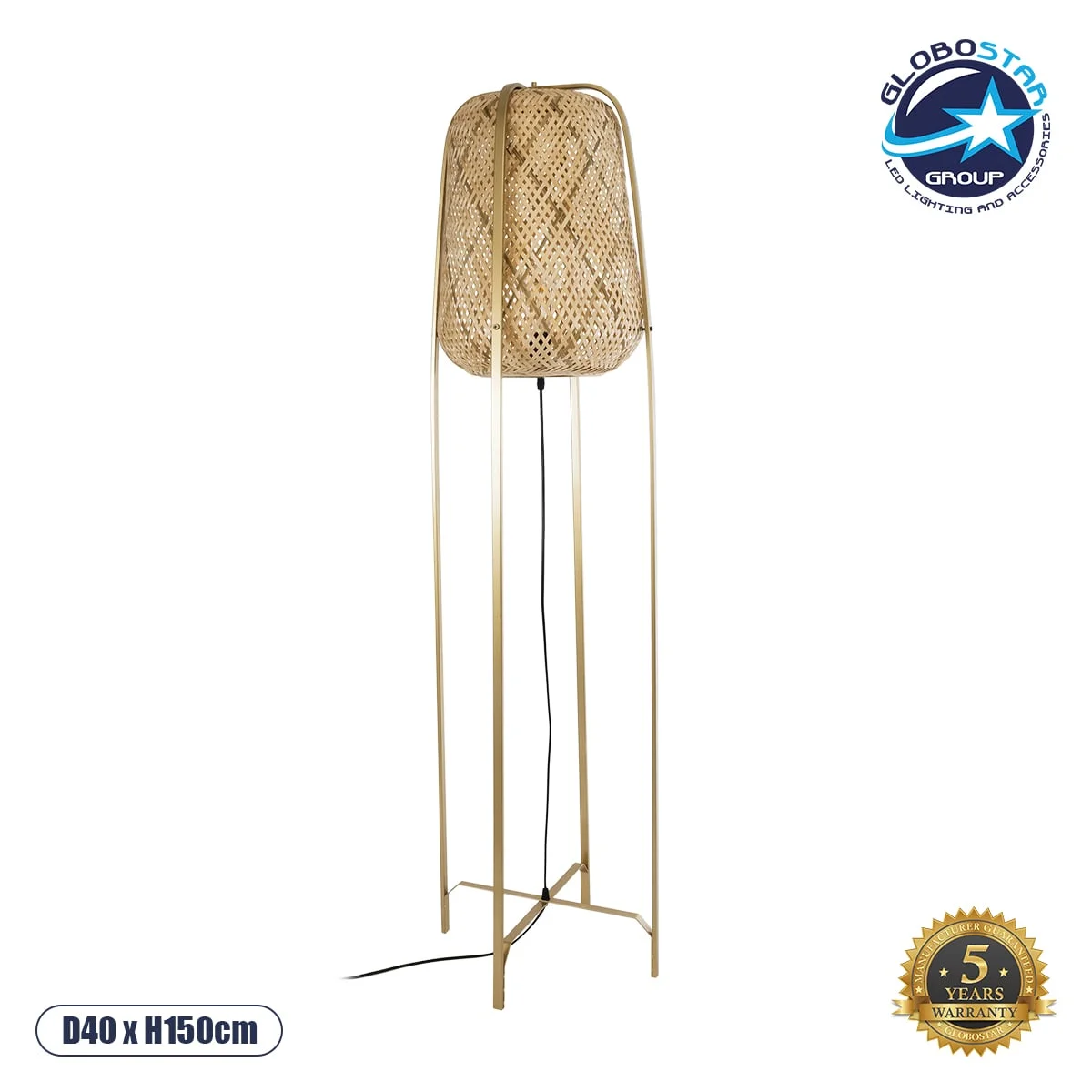 Φωτογραφία προϊόντος: GloboStar® MEILANI 02301 Boho Επιδαπέδιο Φωτιστικό Μονόφωτο 1 x E27 AC220-240V IP20 - Φ40 x Υ150cm - Χρυσό Μεταλλικό με Μπεζ Ξύλινο Ρατάν Πλέγμα - 5 Χρόνια Εγγύηση