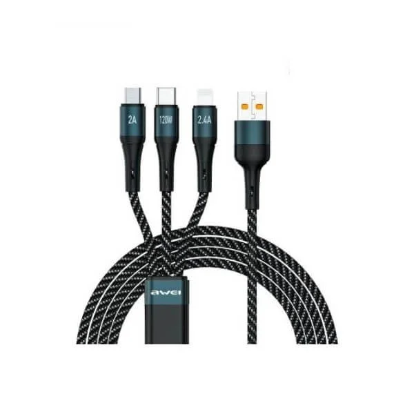 Φωτογραφία προϊόντος: AWEI USB Καλώδιο Γρήγορης Φόρτισης 120W 3 Σε 1 Μαύρο 120cm