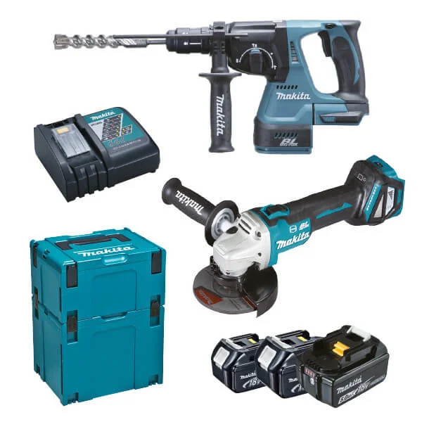 Φωτογραφία προϊόντος: MAKITA DLX2256TJ1 Σετ Γωνιακός Τροχός + Πιστολέτο 18V με 3 Μπαταρίες 5Ah και Makpac