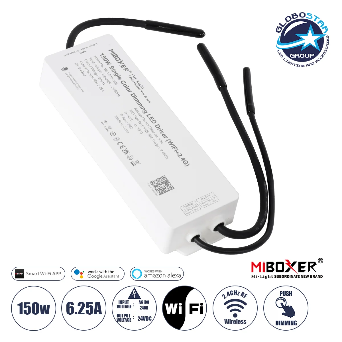Φωτογραφία προϊόντος: GloboStar® 71438 WP1-P150V24 Mi-BOXER DC Smart Wifi + RF 2.4Ghz + Push Dimming Power Supply Τροφοδοτικό SELV + Controller / Dimmer All in One AC100-240V σε DC 24V 1 x 6.25A 150W -