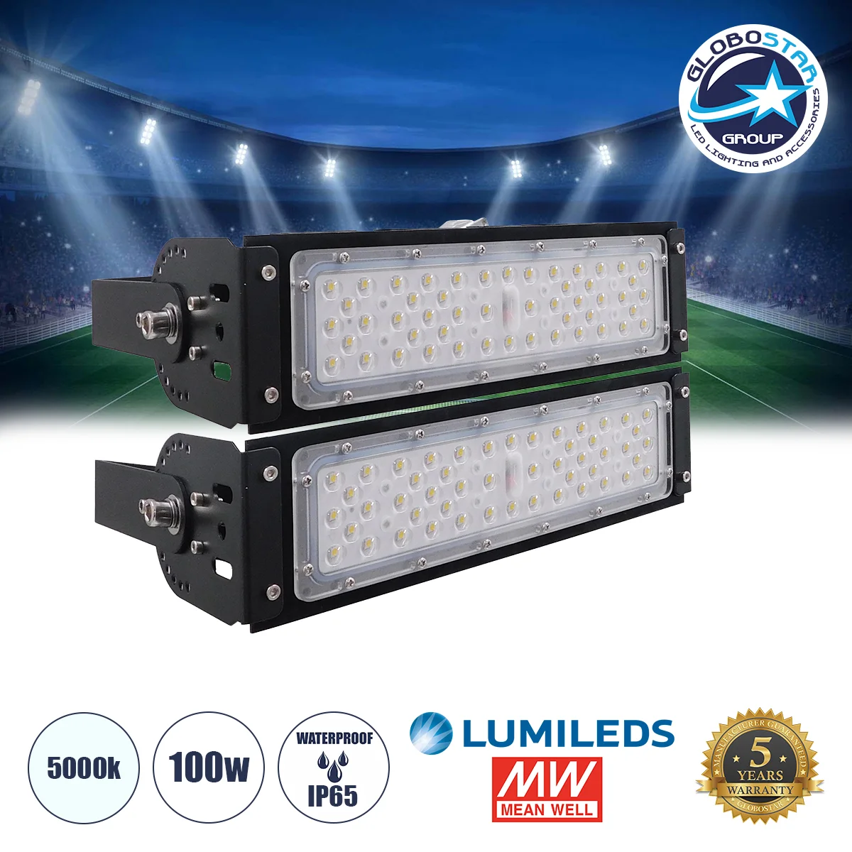 Φωτογραφία προϊόντος: GloboStar® GOLIATH 90100-2 LED Προβολέας Γηπέδου - Φωτιστικό Tunnel 100W 16000LM 75°*135° AC 100-277V IP65 - Ψυχρό Λευκό 5000K - MeanWell Driver + LumiLEDs Chip - 5 Years Warranty