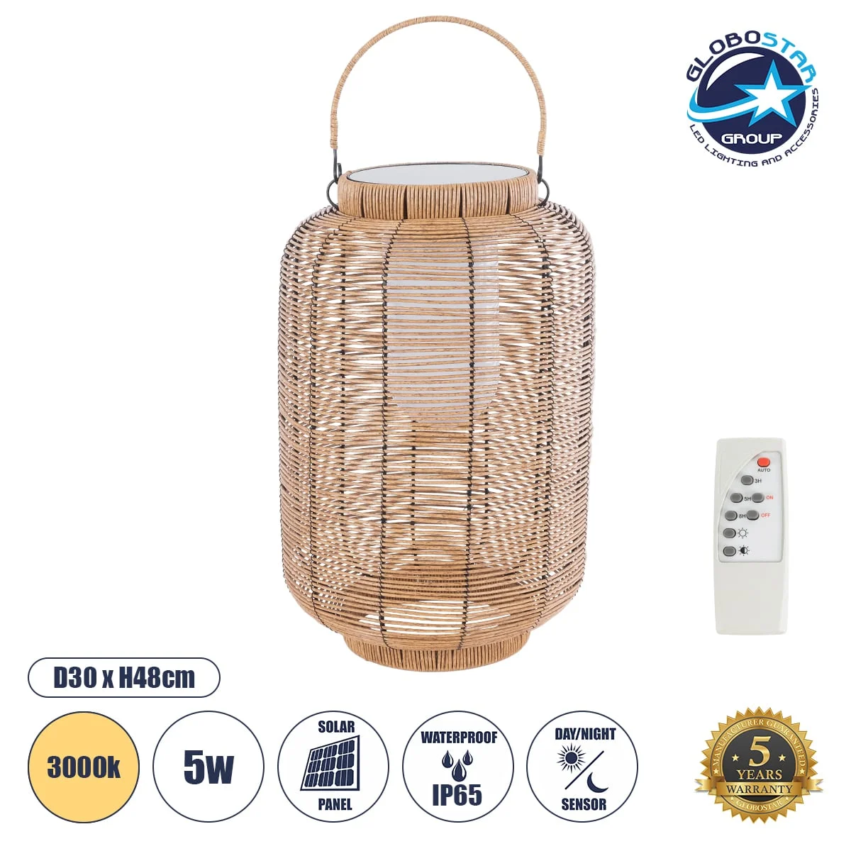 Φωτογραφία προϊόντος: GloboStar® GRAMBIAN 02304 Boho Αυτόνομο Ηλιακό Κρεμαστό/Επιτραπέζιο Φωτιστικό Φαναράκι LED SMD 5W 200lm - Φ30 x Υ48cm - με Ενσωματωμένη Μπαταρία 600mAh - Φωτοβολταϊκό Πάνελ και Αισ