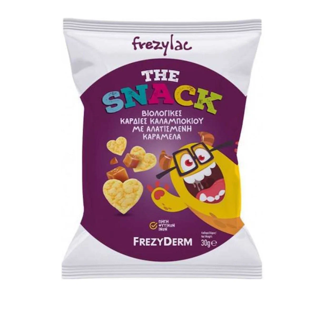 Φωτογραφία προϊόντος: Frezylac The Snack – Βιολογικές Καρδιές Καλαμποκιού με Αλατισμένη Καραμέλα