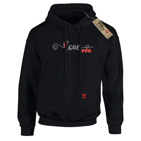 Φωτογραφία προϊόντος: Κέντημα I Love you σε Unisex Ενηλίκων φούτερ με κουκούλα Takeposition Lovebonds – Μαύρο