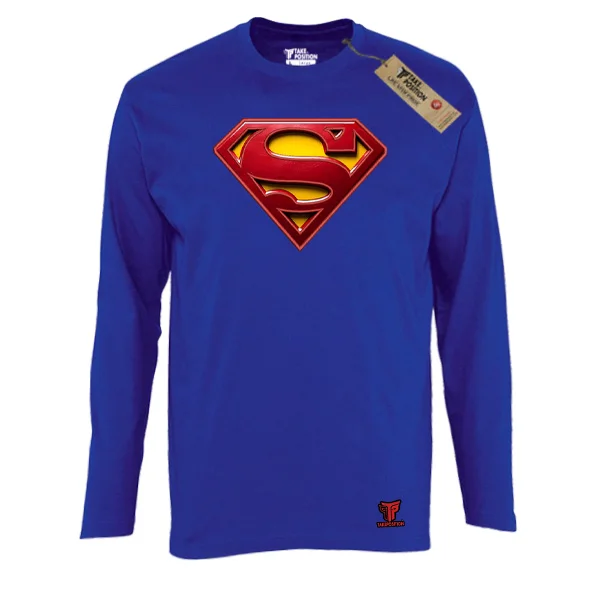 Φωτογραφία προϊόντος: Κέντημα και στάμπα Super Man logo σε Ανδρική λεπτή μπλούζα με μακριά μανίκια Takeposition σε Μπλε royal