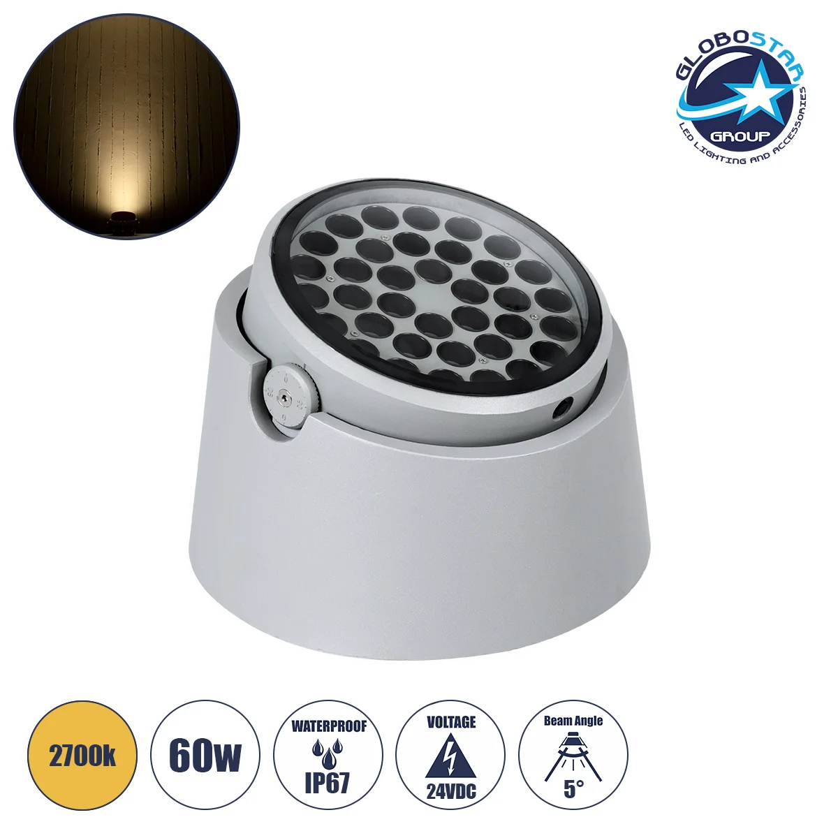 Φωτογραφία προϊόντος: GloboStar® FLOOD-RANA 90491 Κινούμενος Προβολέας - Σποτ Φωτισμού Wall Washer για Φωτισμό Κτιρίων LED 60W 5400lm 5° DC 24V Αδιάβροχο IP67 Φ30 x Υ21cm Θερμό Λευκό 2700K - Γκρι - 3 Ye
