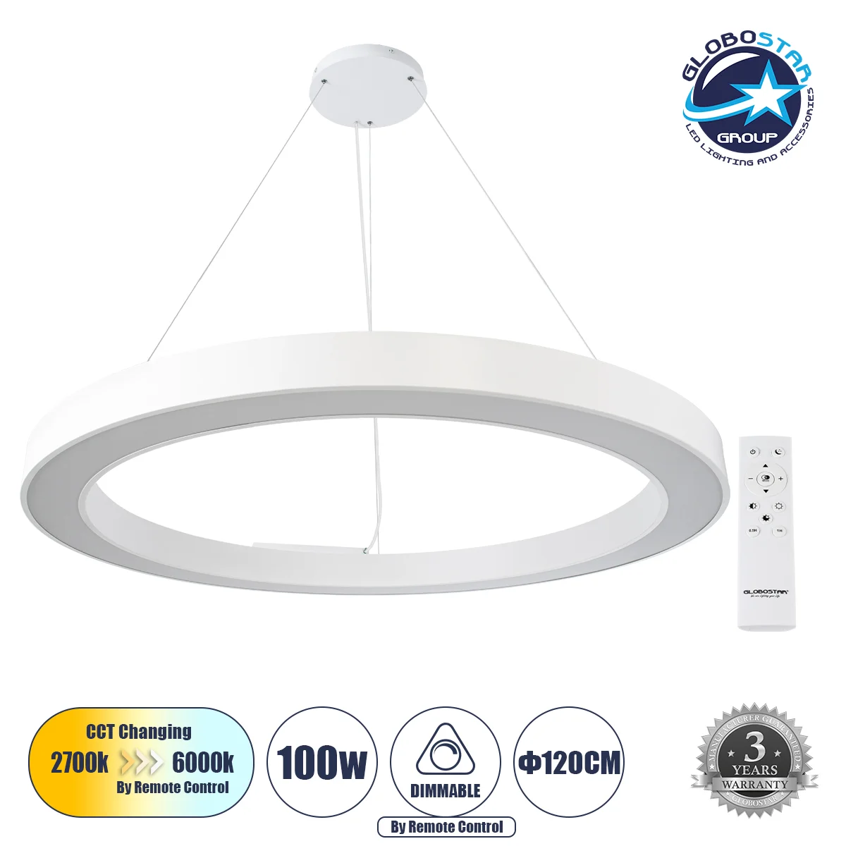 Φωτογραφία προϊόντος: GloboStar® RA 61199 Κρεμαστό Φωτιστικό Δαχτυλίδι-Κύκλος LED CCT 100W 11020lm 120° AC 220-240V - Εναλλαγή Φωτισμού μέσω Τηλεχειριστηρίου All In One Ψυχρό 6000k+Φυσικό 4500k+Θερμό 27