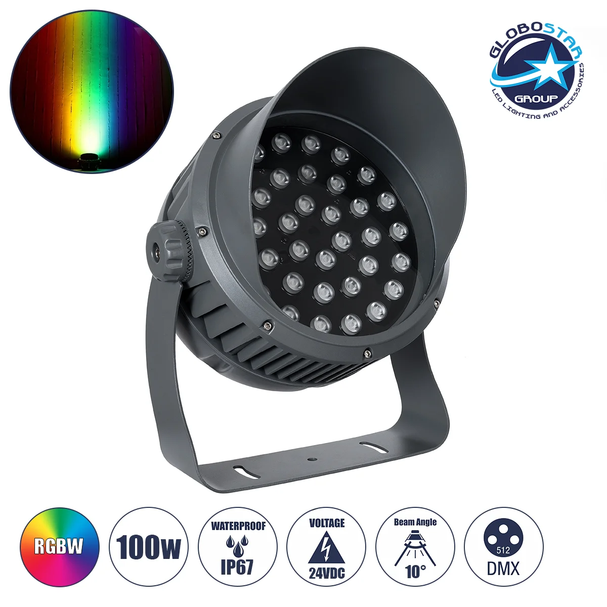 Φωτογραφία προϊόντος: GloboStar® FLOOD-DIMO 90748 Προβολέας Wall Washer με Αντιθαμβωτική Γρίλια για Φωτισμό Κτιρίων LED 100W 8500lm 10° DC 24V Αδιάβροχο IP67 Μ34 x Π36 x Υ44cm RGBW DMX512 - Γκρι Ανθρακί