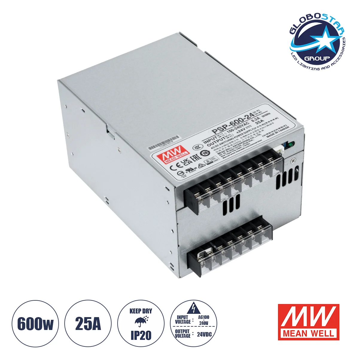 Φωτογραφία προϊόντος: GloboStar® PSP-600-24 90791 MEANWELL Ρυθμιζόμενο Μεταλλικό Τροφοδοτικό PELV για Προϊόντα LED 600W 25A - AC 220-240V σε DC 24V - Ρυθμιζόμενο από 20VDC έως 26.4VDC - IP20 Μ17 x Π12 x