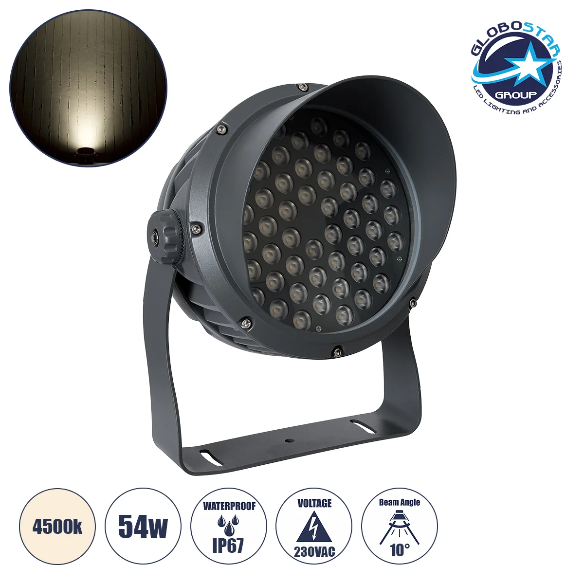 Φωτογραφία προϊόντος: GloboStar® FLOOD-DIMO 90744 Προβολέας Wall Washer με Αντιθαμβωτική Γρίλια για Φωτισμό Κτιρίων LED 54W 5130lm 10° AC 220-240V Αδιάβροχο IP67 Μ26 x Π28 x Υ35cm Φυσικό Λευκό 4500K - Γ