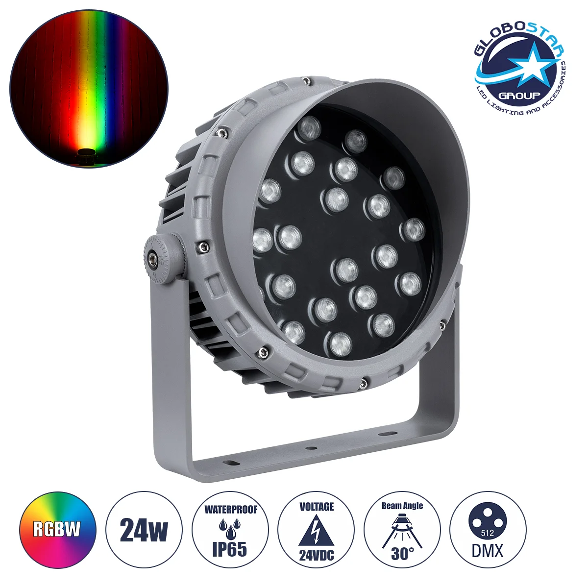 Φωτογραφία προϊόντος: GloboStar® FLOOD-MENA 90647 Προβολέας Wall Washer με Αντιθαμβωτική Γρίλια για Φωτισμό Κτιρίων LED 24W 2040lm 30° DC 24V Αδιάβροχο IP65 Φ23 x Υ18cm Πολύχρωμο RGBW DMX512 - Ασημί - 3