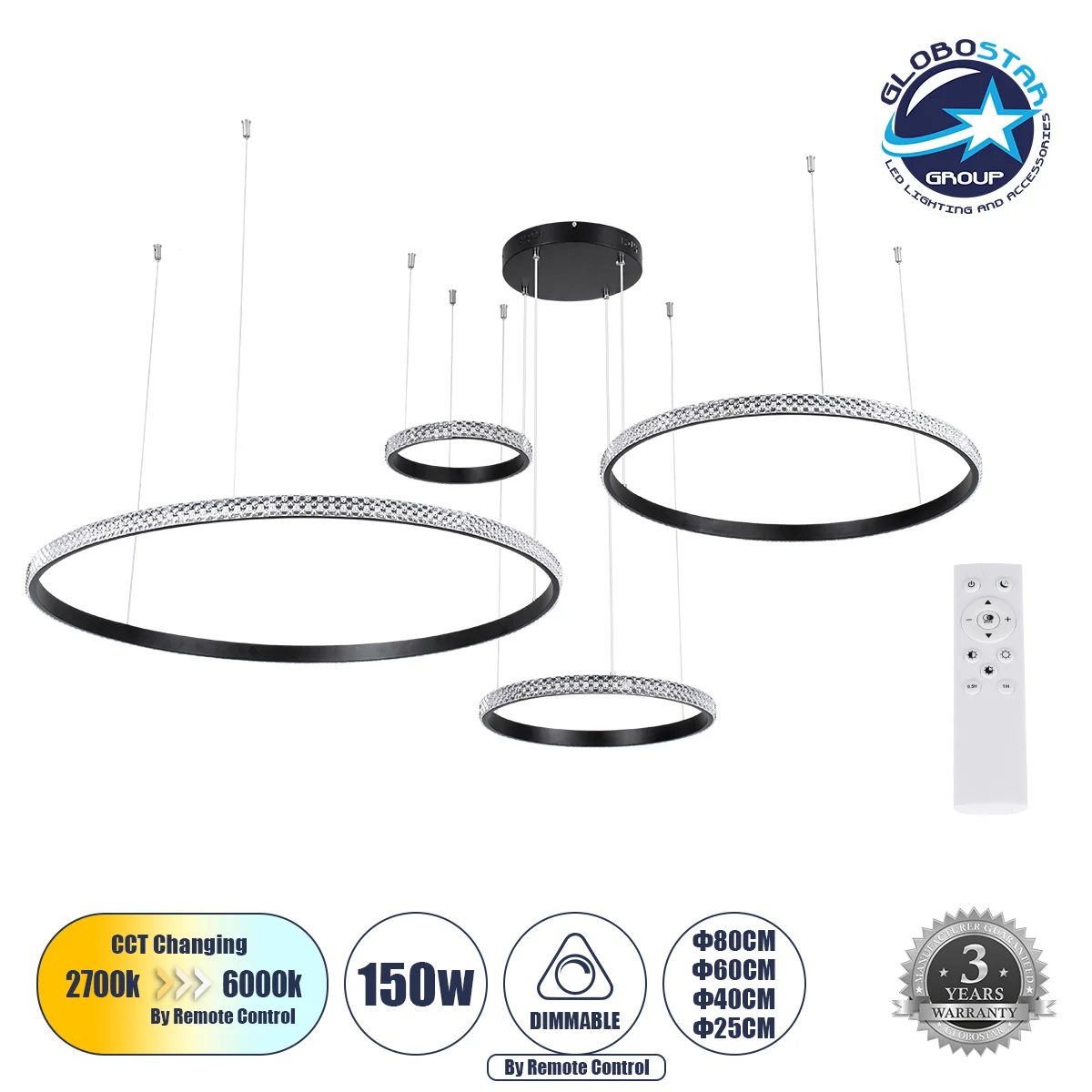 Φωτογραφία προϊόντος: GloboStar® DIAMOND TETRA 61148 Κρεμαστό Φωτιστικό Δαχτυλίδι-Κύκλος LED CCT 150W 18379lm 360° AC 220-240V - Εναλλαγή Φωτισμού μέσω Τηλεχειριστηρίου All In One Ψυχρό 6000k+Φυσικό 450