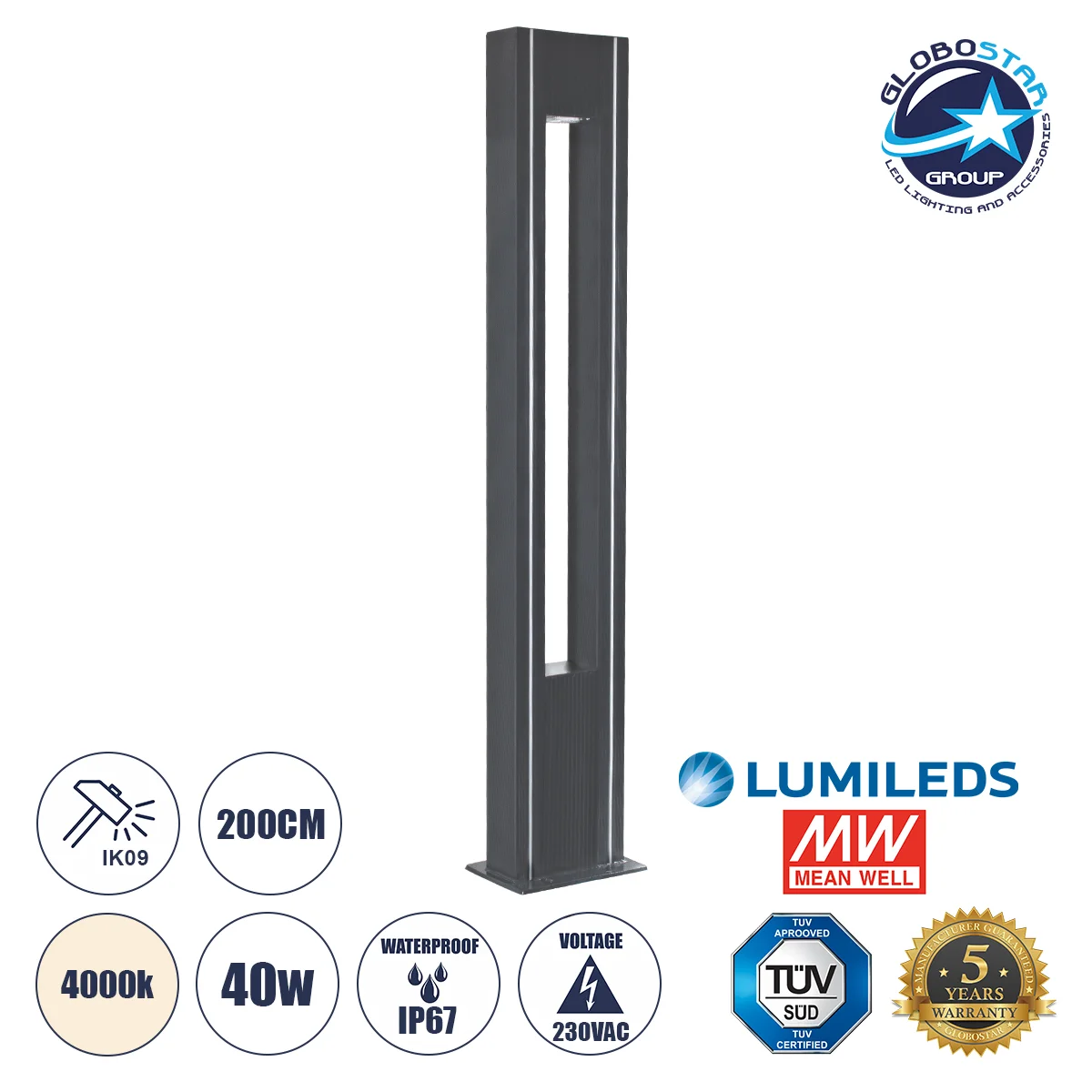 Φωτογραφία προϊόντος: GloboStar® MERIDA 61513 Urban Light Φωτιστικό Πάρκου - Πλατείας - Κήπου Ύψους 2 μέτρων LED 40W 5440lm 60° AC100-240VAC IP67 IK09 - Μ32 x Π13 x Υ200cm - Anthracite Grey - Φυσικό Λευ