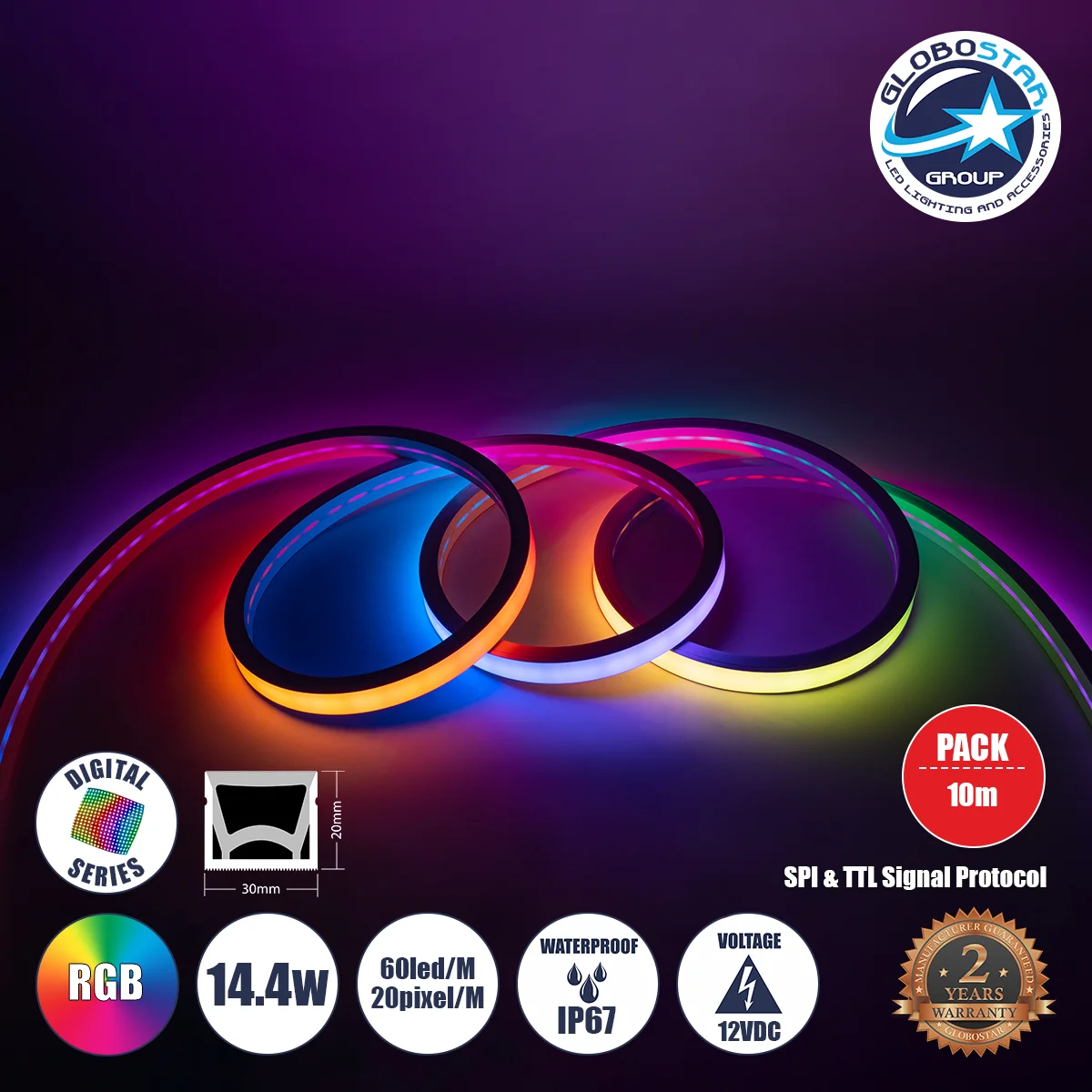 Φωτογραφία προϊόντος: GloboStar® NEONIO 90754 Digital Pixel Addressable Neon Strip - Ψηφιακή Ταινία Neon Flex LED SMD 5050 14.4W/m 60LED/m 20PIXEL/m SPI/TTL Protocol IC SM16703P/WS2811/WS2812 864lm/m 90