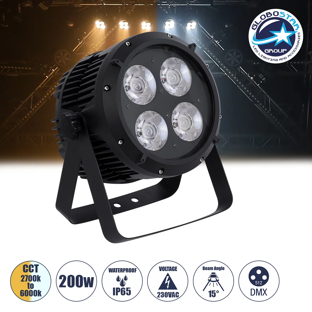 Φωτογραφία προϊόντος: GloboStar® 51119 TYPHON Επαγγελματική Κεφαλή PAR DMX512 200W AC 220V-240V - SPOT - 15° OSRAM LED Αδιάβροχη IP65 - CCT Θερμό Λευκό 2700K - Φυσικό Λευκό 4500K - Ψυχρό Λευκό 6000K - Μ