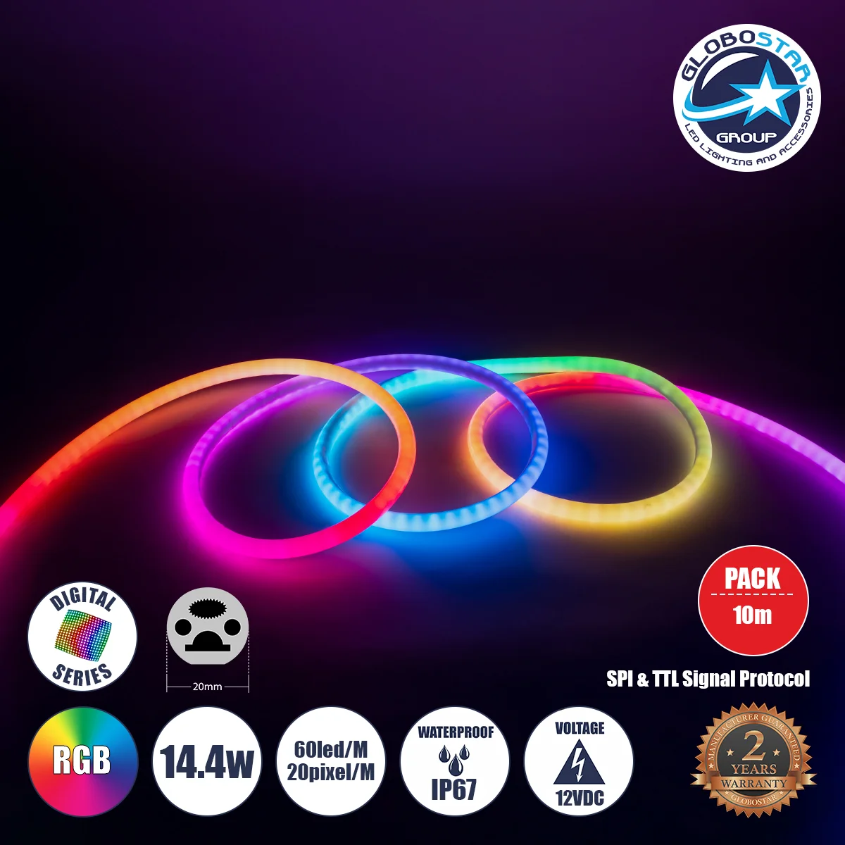 Φωτογραφία προϊόντος: GloboStar® NEONIO 90756 Digital Pixel Addressable Neon Strip - Ψηφιακή Ταινία Neon Flex LED SMD 5050 14.4W/m 60LED/m 20PIXEL/m SPI/TTL Protocol IC SM16703P/WS2811/WS2812 864lm/m 36