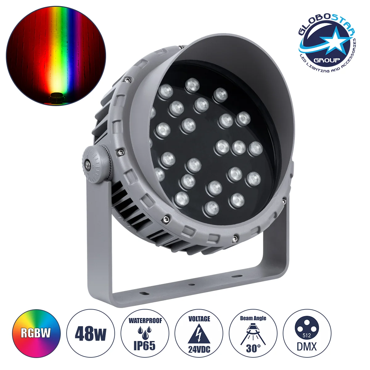 Φωτογραφία προϊόντος: GloboStar® FLOOD-MENA 90649 Προβολέας Wall Washer με Αντιθαμβωτική Γρίλια για Φωτισμό Κτιρίων LED 48W 4080lm 30° DC 24V Αδιάβροχο IP65 Φ25 x Υ18cm Πολύχρωμο RGBW DMX512 - Ασημί - 3