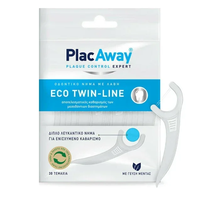 Φωτογραφία προϊόντος: Plac Away,Plac Away Interdental Brushes / Flossing PlacAway Eco Twin-Line Διπλό Λευκαντικό Οδοντικό Νήμα με Λαβή 30τμχ