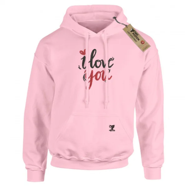Φωτογραφία προϊόντος: Κέντημα I Love you σε Unisex Ενηλίκων φούτερ με κουκούλα Takeposition Lovebonds – Ροζ