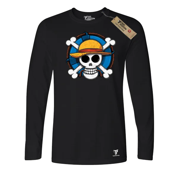 Φωτογραφία προϊόντος: Κέντημα και στάμπα One piece straw hat scull 3d σε Ανδρική λεπτή μπλούζα με μακριά μανίκια Takeposition σε Μαύρο