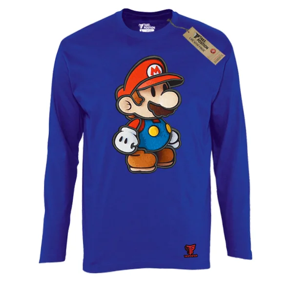 Φωτογραφία προϊόντος: Κέντημα και στάμπα Super Mario 3d logo σε Ανδρική λεπτή μπλούζα με μακριά μανίκια Takeposition σε Μπλε royal