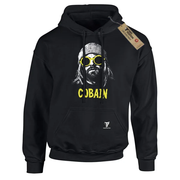 Φωτογραφία προϊόντος: Κεντημένη στάμπα Nirvana Cobain σε Ανδρικό Φούτερ με Κουκούλα Takeposition, Μαύρο | 214-907-7524