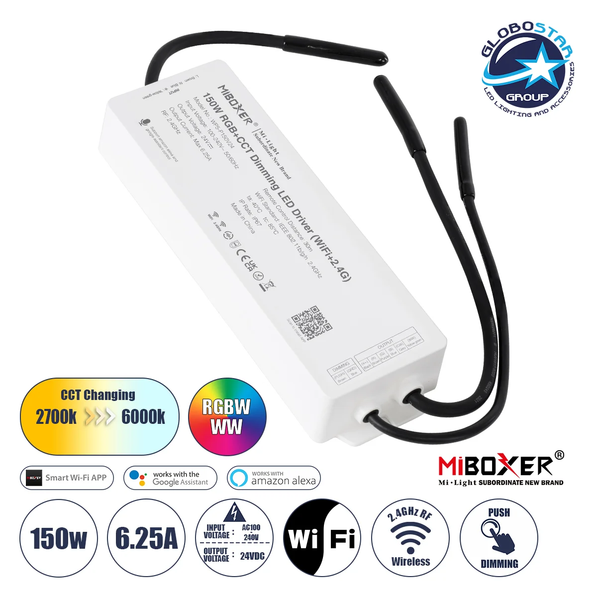 Φωτογραφία προϊόντος: GloboStar® 71440 WP5-P150V24 Mi-BOXER DC Smart Wifi + RF 2.4Ghz + Push Dimming Power Supply Τροφοδοτικό SELV + Controller / Dimmer All in One 5 Καναλιών AC100-240V σε DC 24V 5 x 1.
