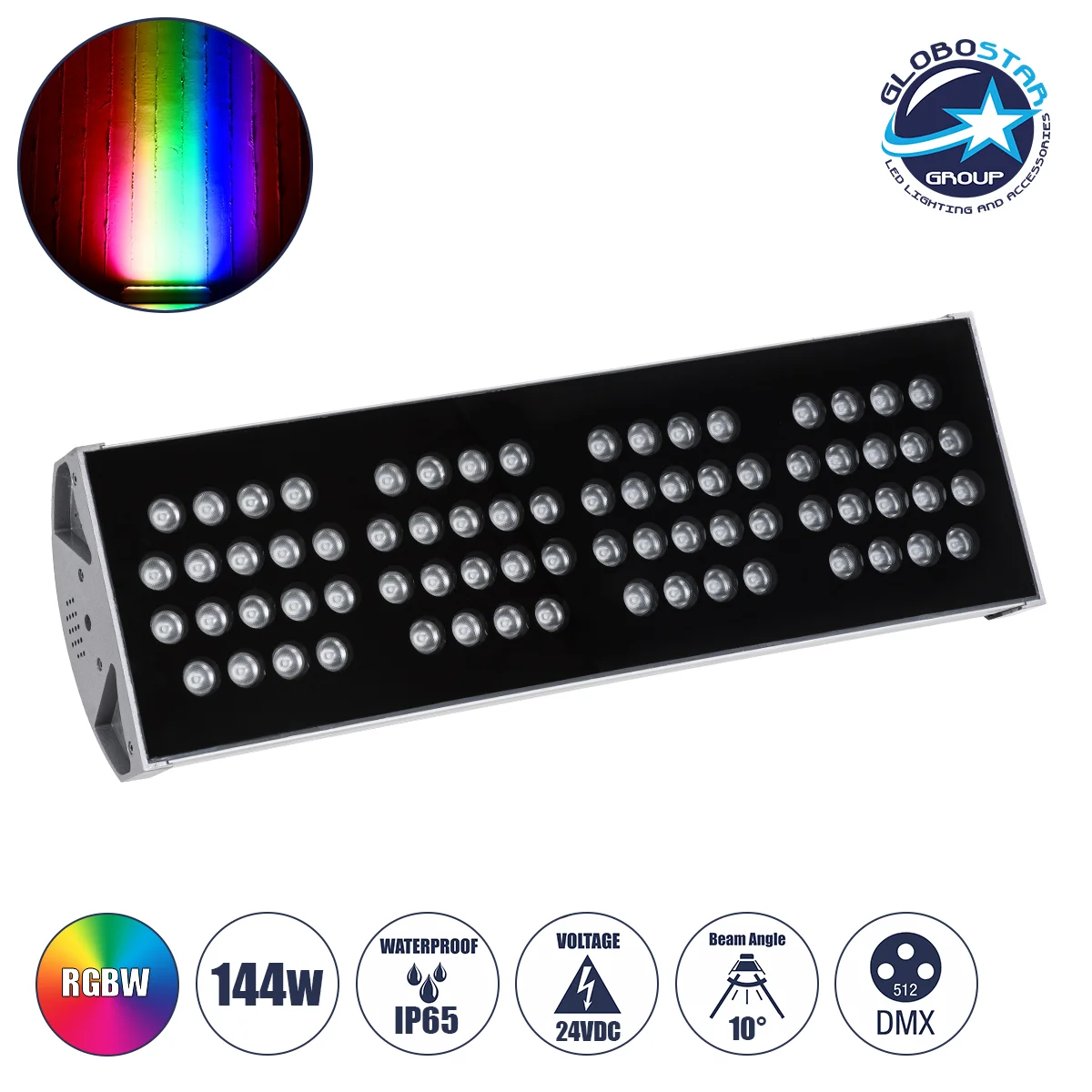 Φωτογραφία προϊόντος: GloboStar® FLOOD-TENA 90226 Προβολέας Wall Washer για Φωτισμό Κτιρίων LED 144W 12240lm 10° DC 24V Αδιάβροχο IP65 L57 x W18 x H19.5cm RGBW DMX512 - Ασημί - 3 Years Warranty