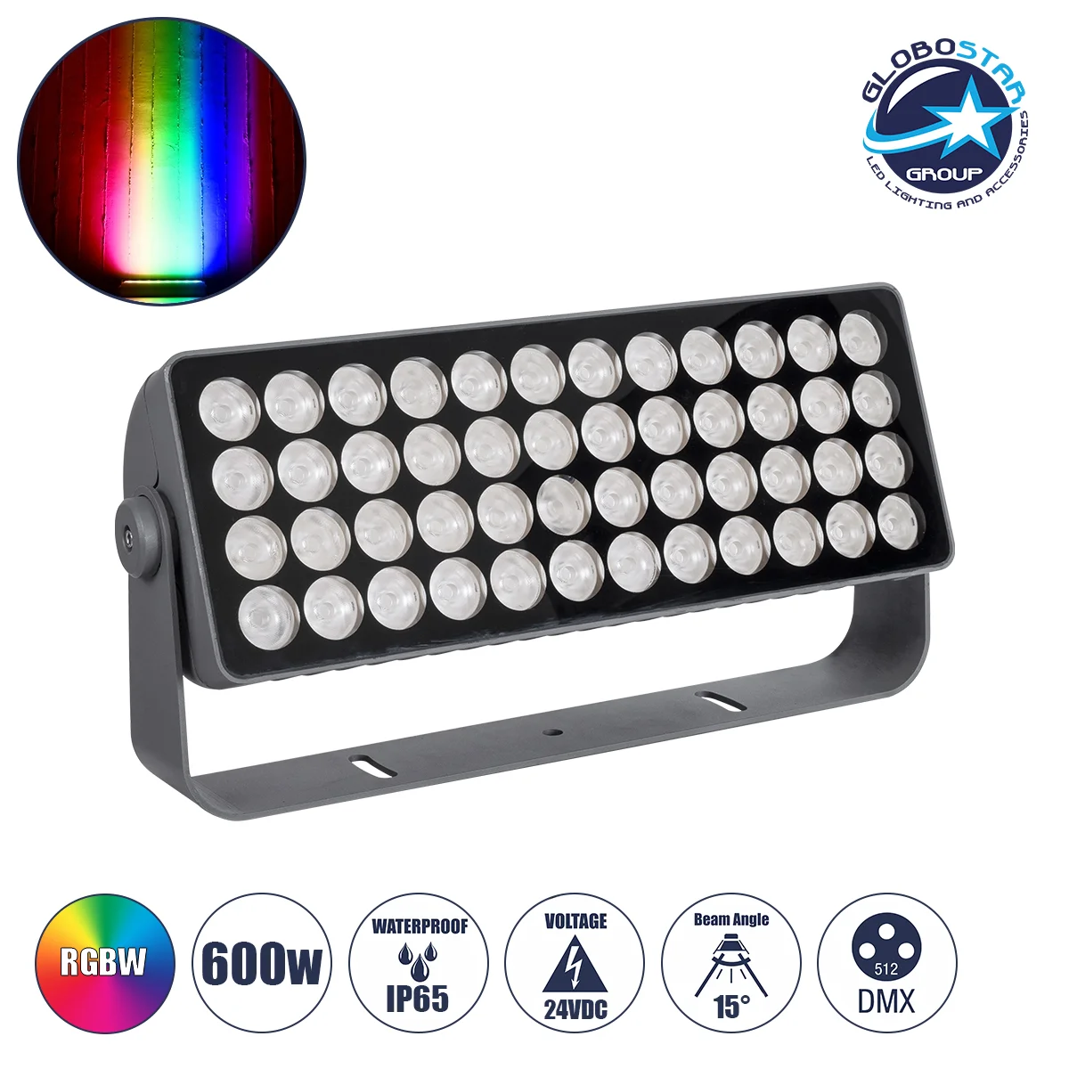 Φωτογραφία προϊόντος: GLOBOSTAR® FLOOD-TURBO 90733 Προβολέας Wall Washer για Φωτισμό Κτιρίων LED 600W 33490lm 15° DC 24V Αδιάβροχο IP65 Μ50 x Π18.5 x Υ12.5cm Πολύχρωμο RGBW DMX512 - Γκρι Ανθρακί - 3 Χρό