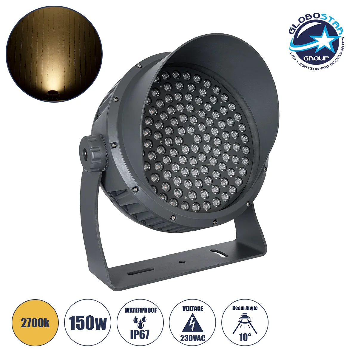 Φωτογραφία προϊόντος: GloboStar® FLOOD-DIMO 90749 Προβολέας Wall Washer με Αντιθαμβωτική Γρίλια για Φωτισμό Κτιρίων LED 150W 13500lm 10° AC 220-240V Αδιάβροχο IP67 Μ43 x Π45 x Υ46cm Θερμό Λευκό 2700K -