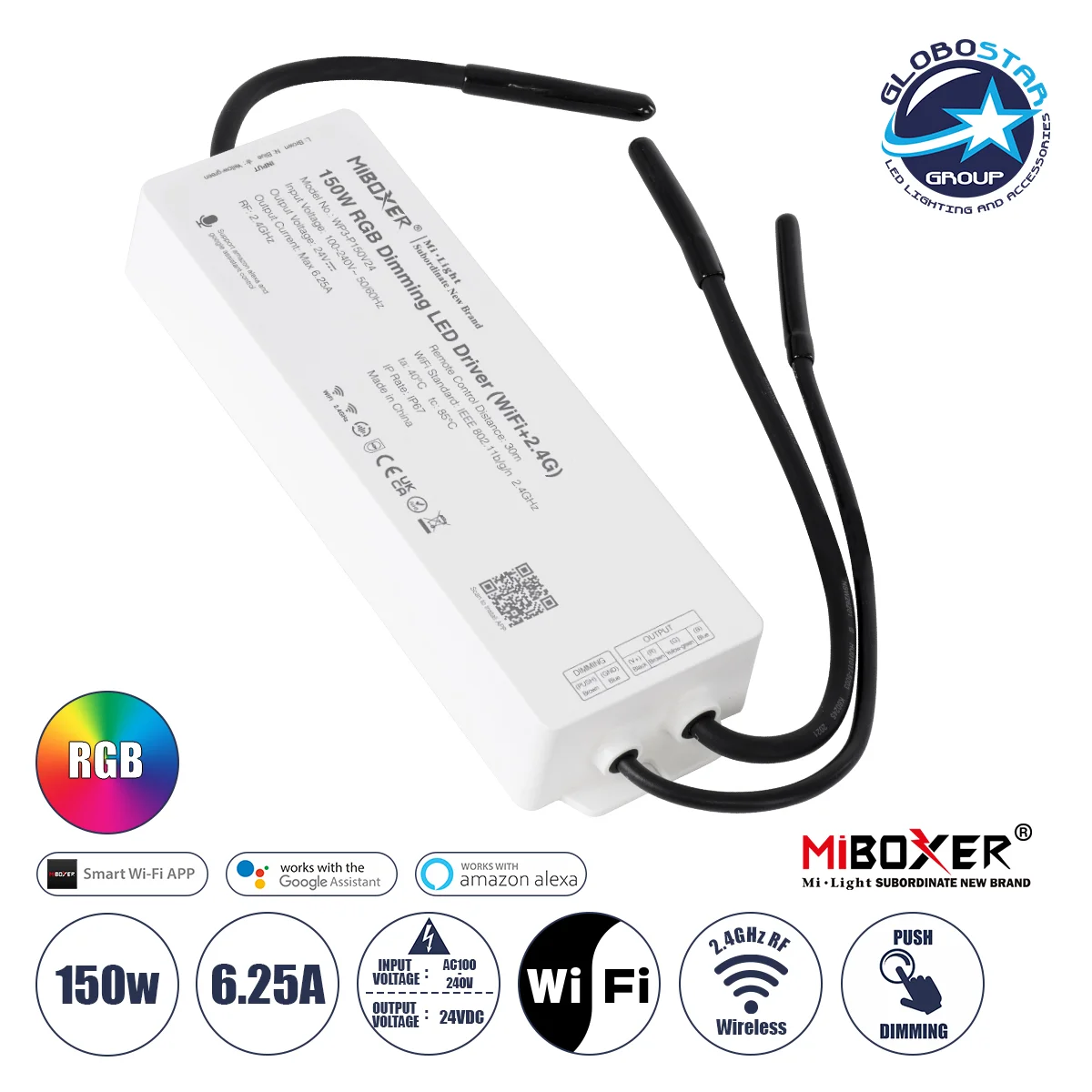 Φωτογραφία προϊόντος: GloboStar® 71442 WP3-P150V24 Mi-BOXER DC Smart Wifi + RF 2.4Ghz Power Supply Τροφοδοτικό SELV + Controller / Dimmer All in One 3 Καναλιών AC100-240V σε DC 24V 3 x 2.1A 50W - Max 6.