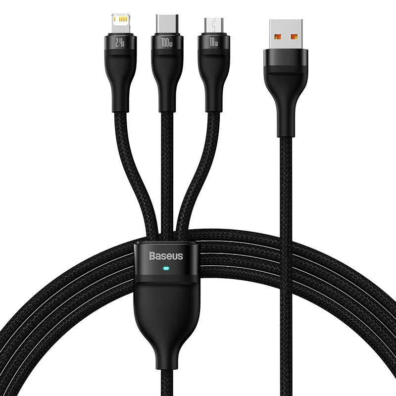 Φωτογραφία προϊόντος: Baseus Καλώδιο USB 3σε1 Flash Series Type‑C / MicroUSB / Lightning 100W 1.2m Black