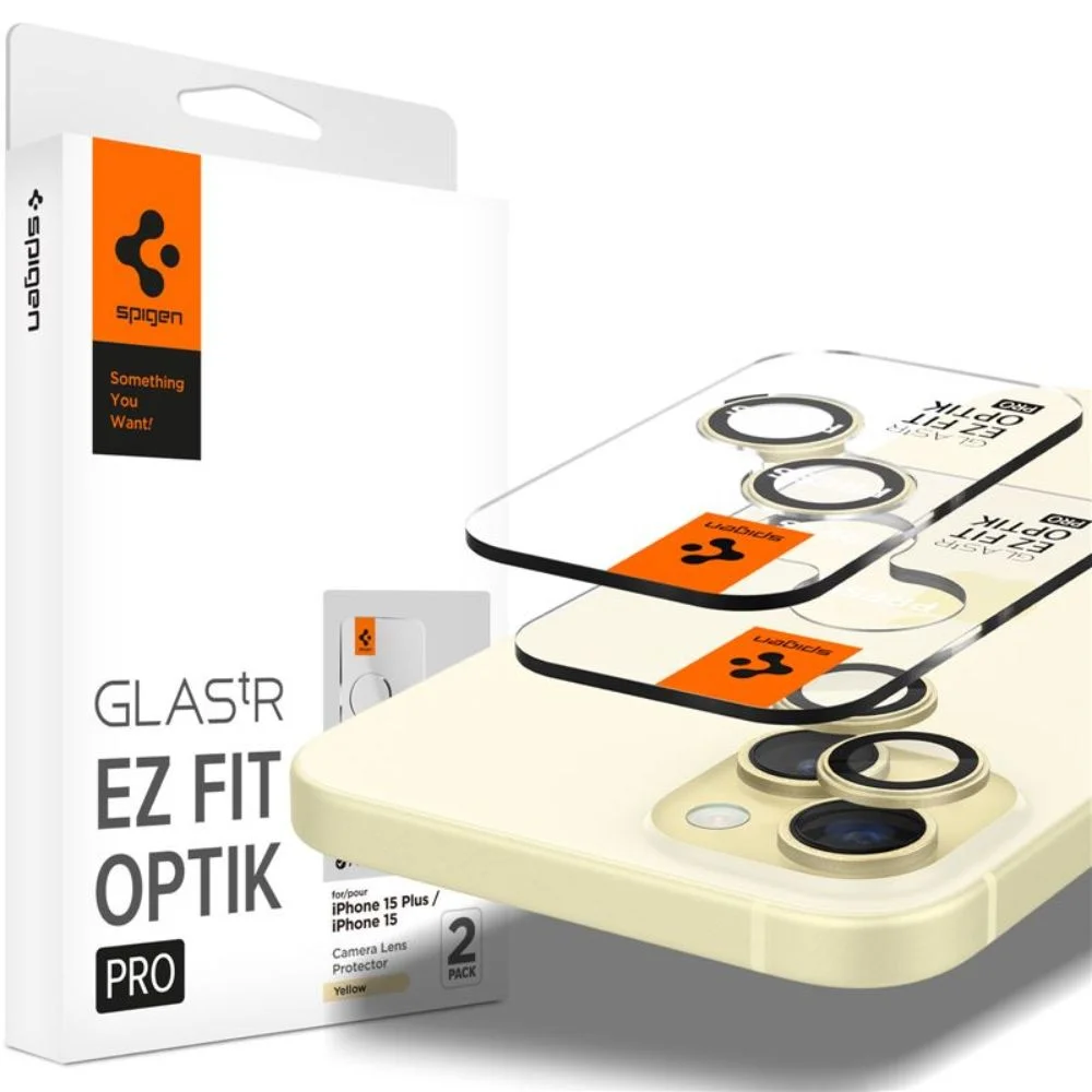 Φωτογραφία προϊόντος: Spigen Glass tR EZ Fit Optik Pro Camera Tempered Glass 2 Pack iPhone 15/15 Plus/14/14 Plus Yellow