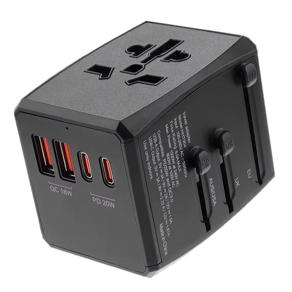 Φωτογραφία προϊόντος: Techsuit Αντάπτορας Πρίζας Travel Adapter PD20W, 2 x USB‑A, 2 x Type-C, EU, UK, AUS, US, Black (HHT904)