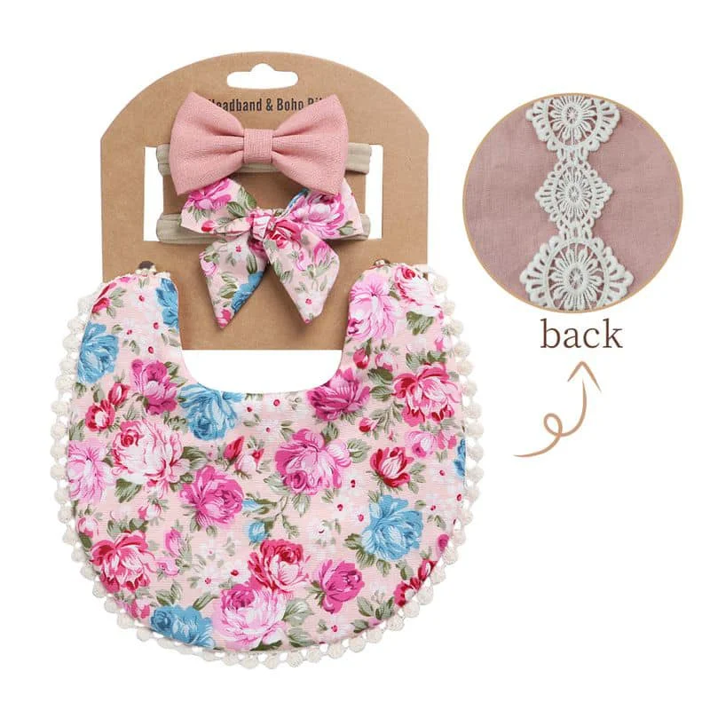 Φωτογραφία προϊόντος: Childrenland Σαλιάρα boho floral ροζ + ασορτί κορδέλες μαλλιών - σετ 3 τεμάχια