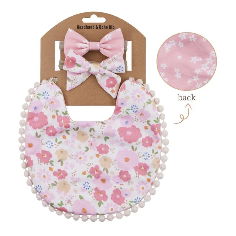 Φωτογραφία προϊόντος: Childrenland Σαλιάρα boho floral απαλό ροζ + ασορτί κορδέλες μαλλιών - σετ 3 τεμάχια