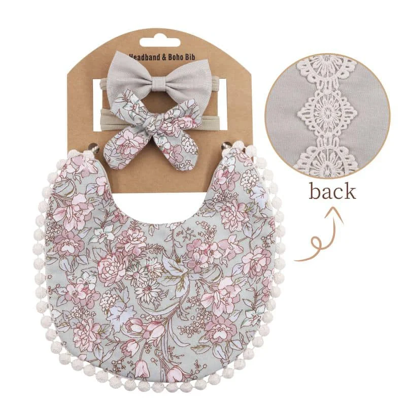 Φωτογραφία προϊόντος: Childrenland Σαλιάρα boho floral λαδί + ασορτί κορδέλες μαλλιών - σετ 3 τεμάχια