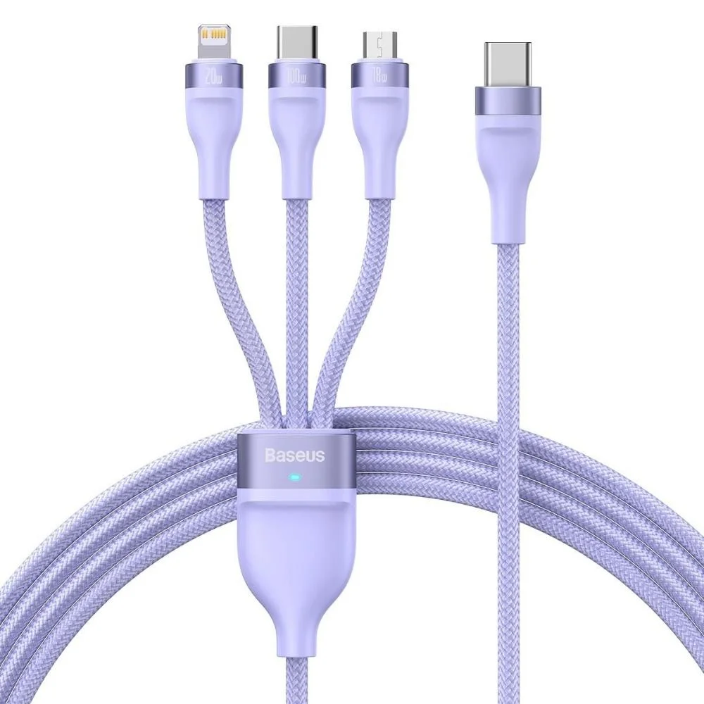 Φωτογραφία προϊόντος: Baseus 3in1 USB cable Flash Series 2, USB-C + micro USB + Lightning, 100W, 1.5m (purple) (CASS030205) (BASCASS030205)