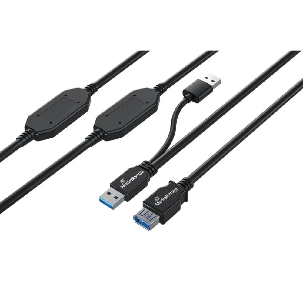 Φωτογραφία προϊόντος: MediaRange Active USB Extension Cable, 2x USB-A Plug to 1x USB-A Socket, 2x Repeater, USB 3.0, 5 Gbps Data Transfer Rate, 15m, Black (MRCS244)