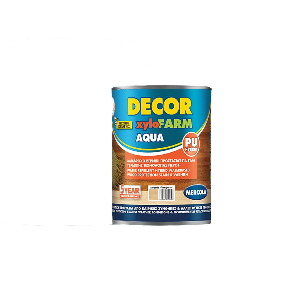 Φωτογραφία προϊόντος: Mercola DECOR XYLOFARM AQUA Υβριδικό Βερνίκι Εμποτισμού Ξύλου-Νερού Διάφανο Σατινέ 0,75 lt