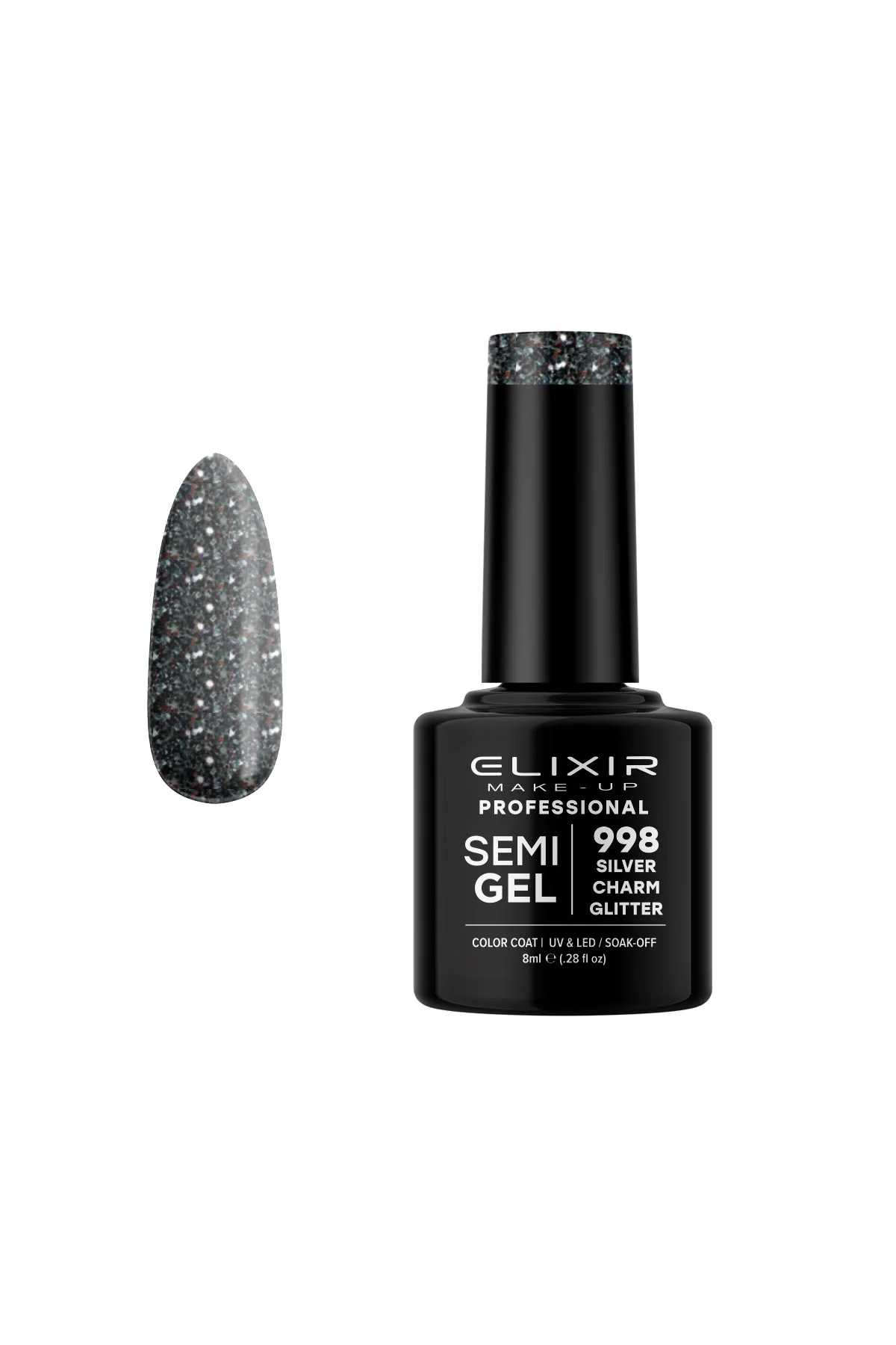 Φωτογραφία προϊόντος: Ημιμόνιμο Bερνίκι Elixir Semi Gel 998 Silver Charm Glitter 8ml