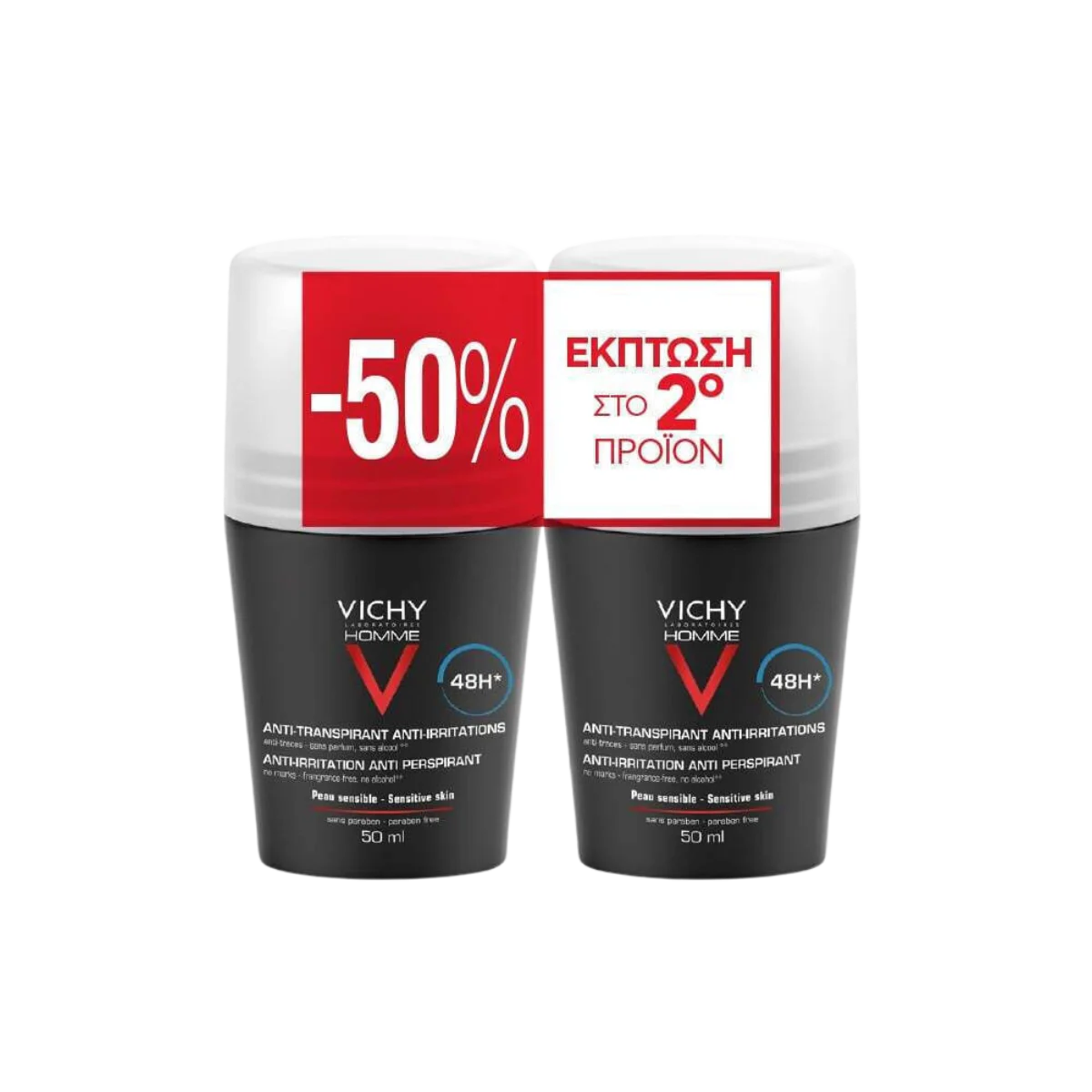 Φωτογραφία προϊόντος: Vichy,Vichy Deodorant,Vichy Homme,Vichy Promo Packs Vichy Homme Anti-Irritation Αποσμητικό Roll-On 48H 2x50ml