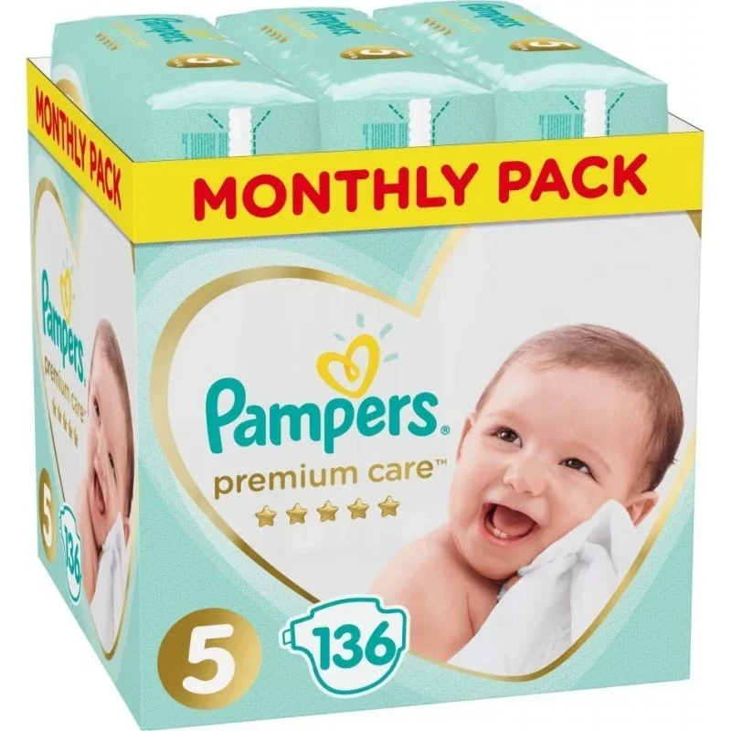 Φωτογραφία προϊόντος: Pampers,Pampers Monthly Packs Pampers Premium Care Monthly Pack Junior Βρεφικές Πάνες No.5 11-16 kg 136τμx