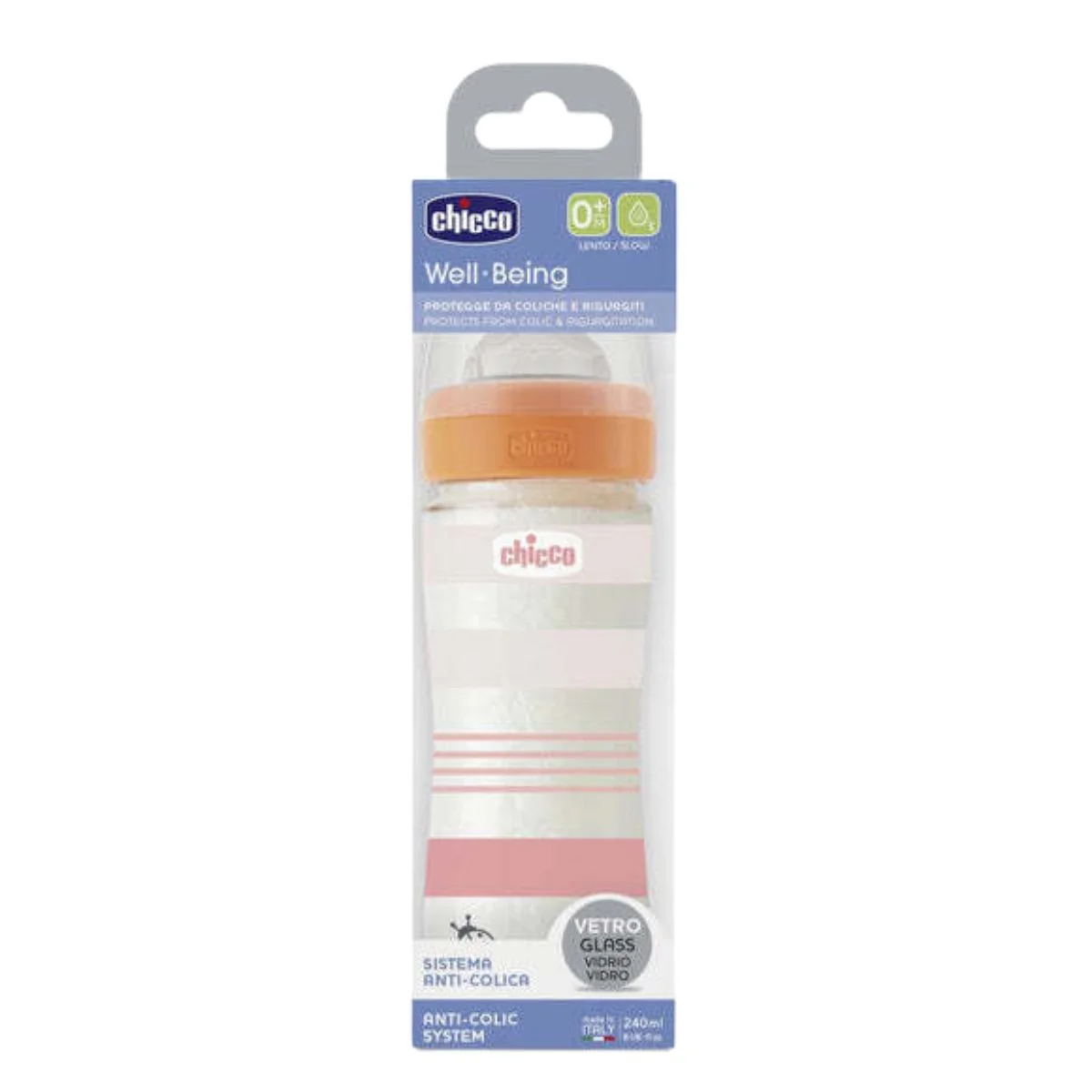 Φωτογραφία προϊόντος: Chicco,Chicco Μπιμπερό Γυάλινα Chicco Well Being Anti-Colic Γυάλινο Μπιμπερό Ροζ 0m+ 240ml