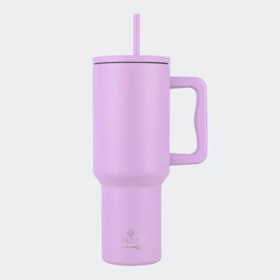 Φωτογραφία προϊόντος: Estia Home Art Estia Straw Tumbler XL Save the Aegean Ανακυκλώσιμο Handled Tumbler Θερμός Ανοξείδωτο BPA Free 1.2lt Lavender Purple με Καλαμάκι και Λαβή 01-32227