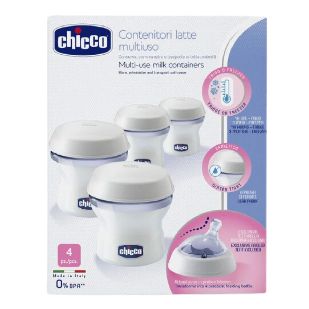 Φωτογραφία προϊόντος: Chicco,Chicco Εγκυμοσύνη - Θηλασμός Chicco Multi-use Milk Μπουκάλια Διατήρησης Μητρικού Γάλακτος 4τμχ